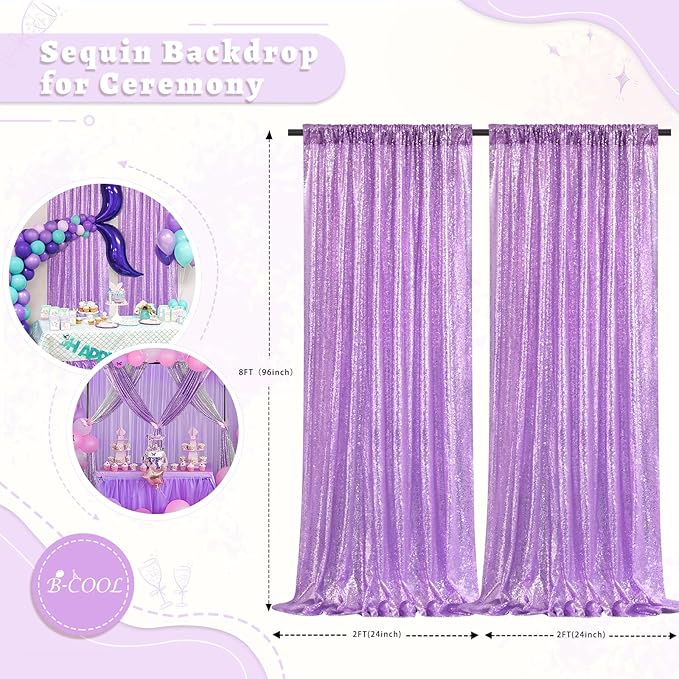 B-COOL Lavender Sequin Backdrop Curtains 2 Panels 2ftx8ft Purple Sparkly Curtains for Birthday Party Wedding Glitter Curtains Backdrop Decorations