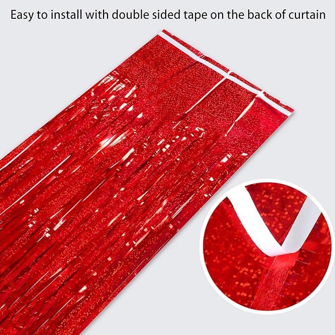 Red Tinsel Curtain Backdrop for Party Decorations - Sparkle Foil Tinsel Fringe Curtains Photo Backdrop Booth (3.2ft x 8ft, 2 Packs)