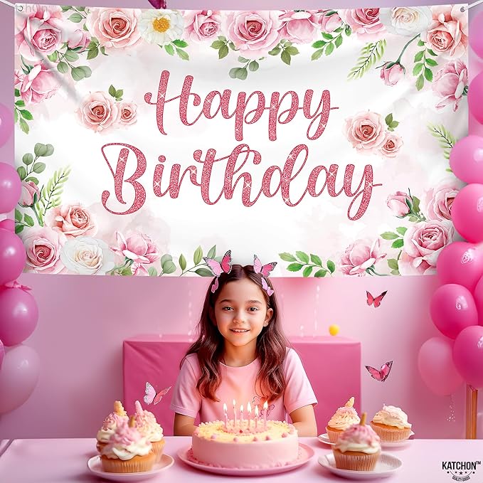KatchOn, XtraLarge Pink Happy Birthday Banner - 72x44 Inch | Birthday Decorations for Girls, Women | Pink Glitter Backdrop for Floral Party Decorations
