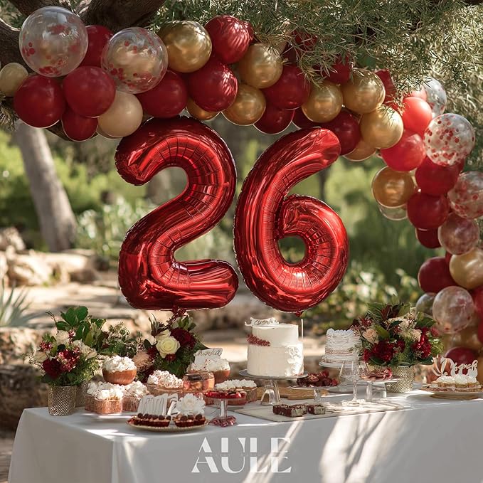 AULE 40 Inch Big Red Foil 26 Number Balloons for Women Large 26th Happy Birthday Decorations Giant Huge Helium Mylar 62 Anniversary Party Décor