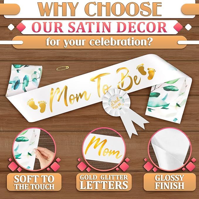 Mom to Be Sash Baby Shower - Soft Satin Mommy to Be Sash for Baby Shower & Dad to Be Pin, Exquisite Sage Greenery Ornament & Gold Letters - Gender Reveal Decorations Neutral Colors for Boys & Girls