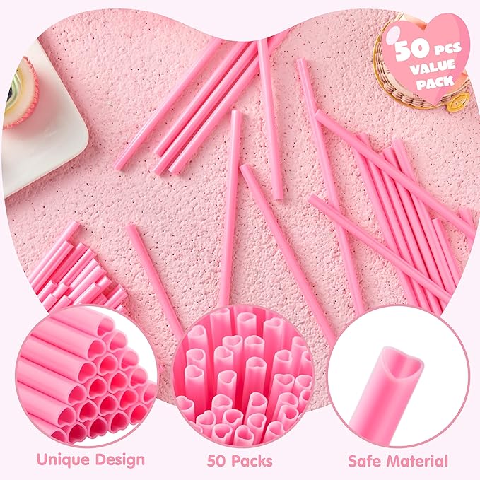 JOYIN 50 PCS Valentine Heart Shaped Pink Straws, Reusable Drinking Cute Straw for Valentine's day Cocktail, Birthday Party, Bridal Shower, Wedding Supplies, Valentine Party