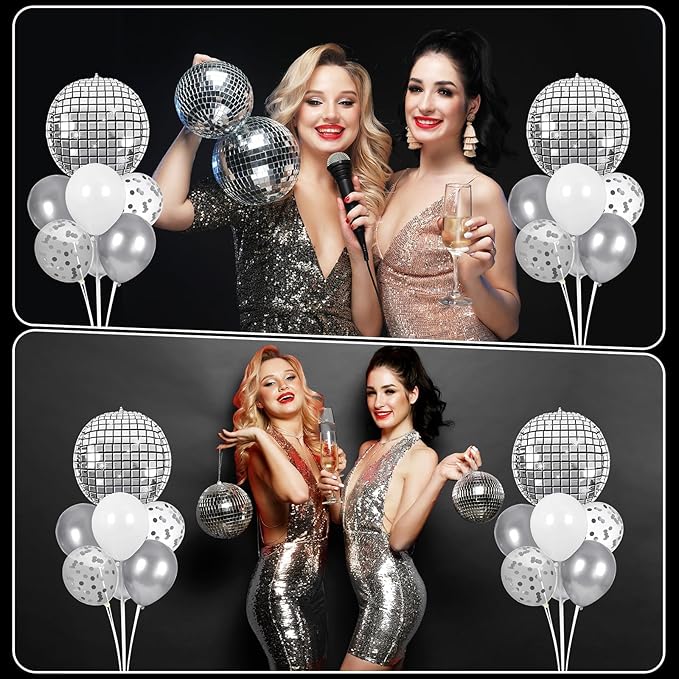 4 Sets Prom Silver Disco Ball Party Balloons Stand Kit with 4 Metallic Ball Foil Balloons Disco Themed Balloon 70s 80s 90s Dance Party Balloon Centerpiece for Tables Birthday Baby Shower Decorations