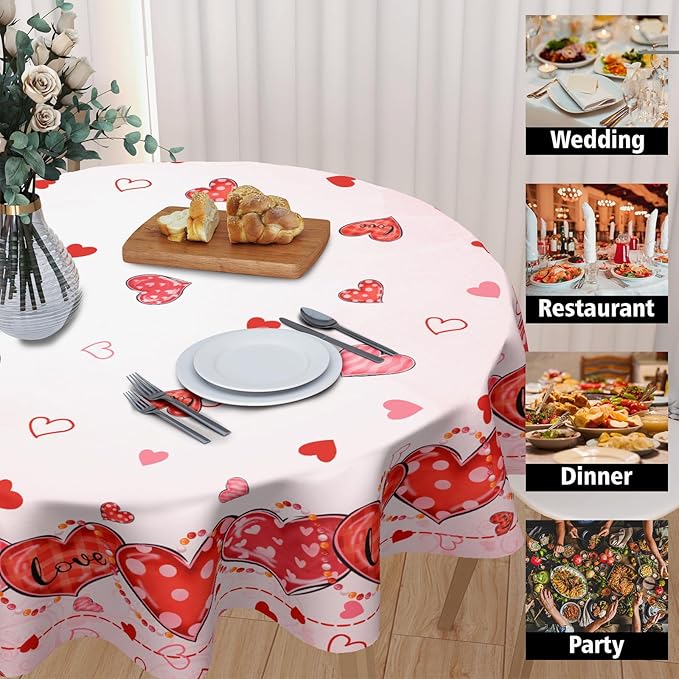 Valentine's Day Tablecloth Round 70 Inch Pink Love Hearts Table Cloth Farmhouse Valentines Table Cover for Kitchen Dinner Room Holiday Party Indoor Outdoor Home Valentine Decor