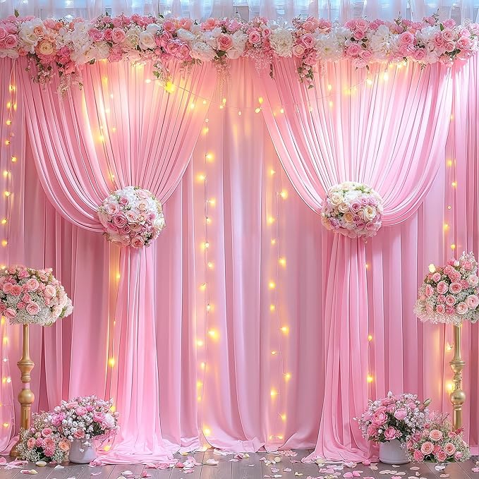 20x10FT Pink Backdrop Curtains with Lights for Parties,Wrinkle Free Wedding Photo Backdrop Curtains for Baby Shower Birthday Ceremony Reception Home Party Decorations-5ft x 10ft,4 Panels