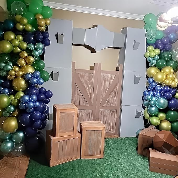 134Pcs Blue and Green Balloon Garland Kit, Navy Blue Dark Green Gold Balloon Arch Kit with Metallic Chrome Balloons, Dinosaur Helium Latex Balloons for Dino Jungle Safari Birthday Party Decorations
