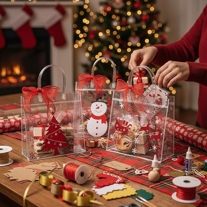 Henoyso 12 Pcs Christmas Clear Gift Bags Plastic Candy Treat Goodie Bags Red Foil Santa PVC Wrap Totes with Handles and Ribbon Xmas Party Favors (Snowman and Christmas Tree,7.8 x 7.8 x 3.1 Inch)