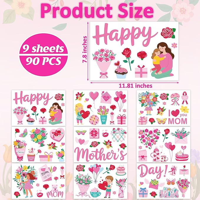 90 PCS Mothers Day Decorations, 9 Sheets Mothers Day Window Clings, Double-Sided Flower Window Clings with Carnations Hearts Boxes Designs, Mom Decorations for Glass Home Office School Party