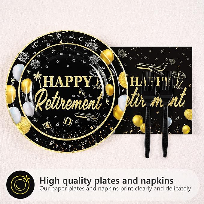 Grencian 96Pcs Happy Retirement Party Supplies Black Gold Plates and Napkins Retirement Tableware Sets Disposable Decoration for Men Birthday Farewell Graduations Going Away Party Serve 24