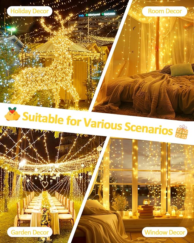 2 Pack String Lights Battery Operated with Timer, 66FT 200 LED Waterproof Battery Twinkle Lights, 8 Modes Fairy Light for Indoor & Outdoor Party Bedroom Porch Tree Christmas Decorations (Warm White)