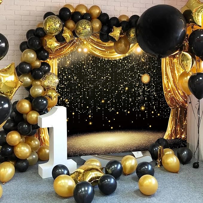 Black Gold Backdrop Black Gold Curtains Glitter Spots Theater Stage Photography Background Adults Kids VIP Carnival Graduation Prom New Year Birthday Party Decorations Banner Photo Props (8x6FT)