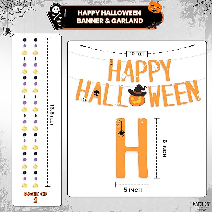 KatchOn, Hanging Halloween Decorations Set - Pack of 14 | Purple and Black Theme Party Supplies | Halloween Party Decorations for Wall | Happy halloween Banner, Sign for Spooky Decor