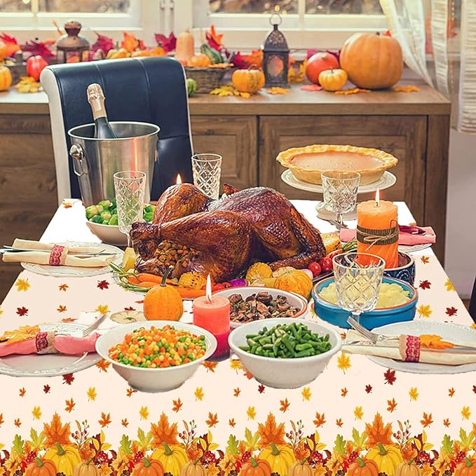 3 Pieces Thanksgiving Disposable Tablecloth, 54 x 108 Inch Rectangle Waterproof Plastic Fall Thanksgiving Theme Tablecloth for Harvest Party Table Decoration