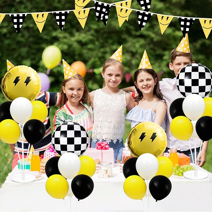4 Sets Smile Party Balloons Stand Kit with Black White Checkered Foil Balloons Yellow Smile Face Themed Birthday Balloon Centerpiece for Tables for Girls Boys Birthday Baby Shower Party Decoration