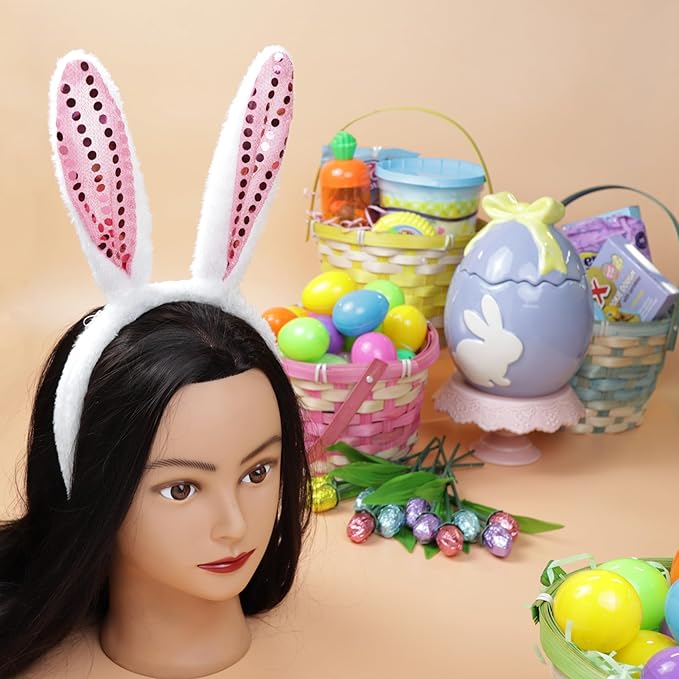 Needzo Easter Bunny Ears Hair Accessories, Pink and White Spring Items for Egg Hunts and Parties, One Size