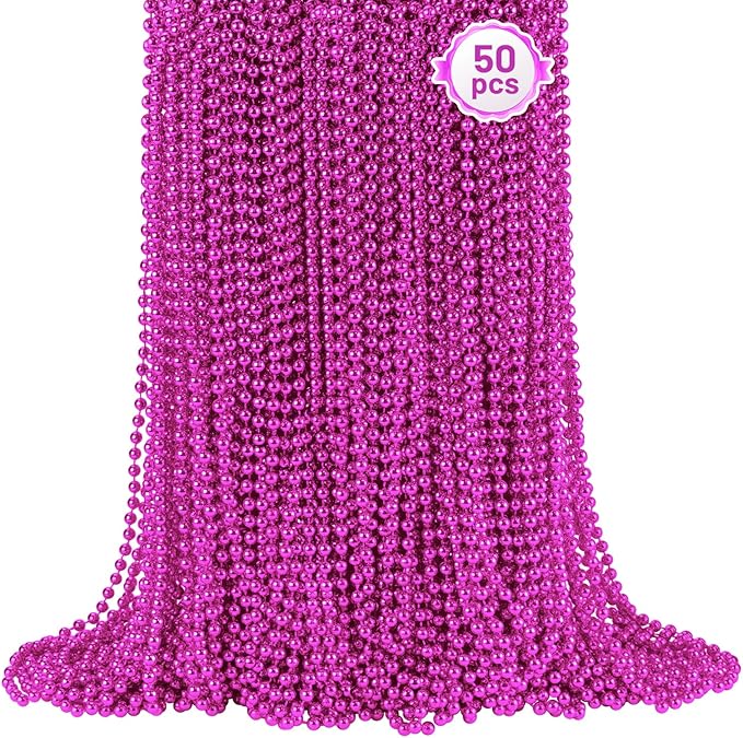 SHAOQINLIN 50 PCS Breast Cancer Awareness Necklaces, Hot Pink Bead Necklace, 33" Hot Pink Mardi Gras Beads, Breast Cancer Awareness Accessories for Parade Supplies