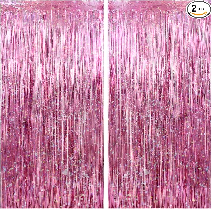 2 Pack Pink Birthday Decoration, Party Fringe Backdrop Decor Tinsel Foil Curtain Door Backdrop Banner Photo Booth Streamer for Birthday Wedding Baby Shower Bachelorette Disco Party Engagement