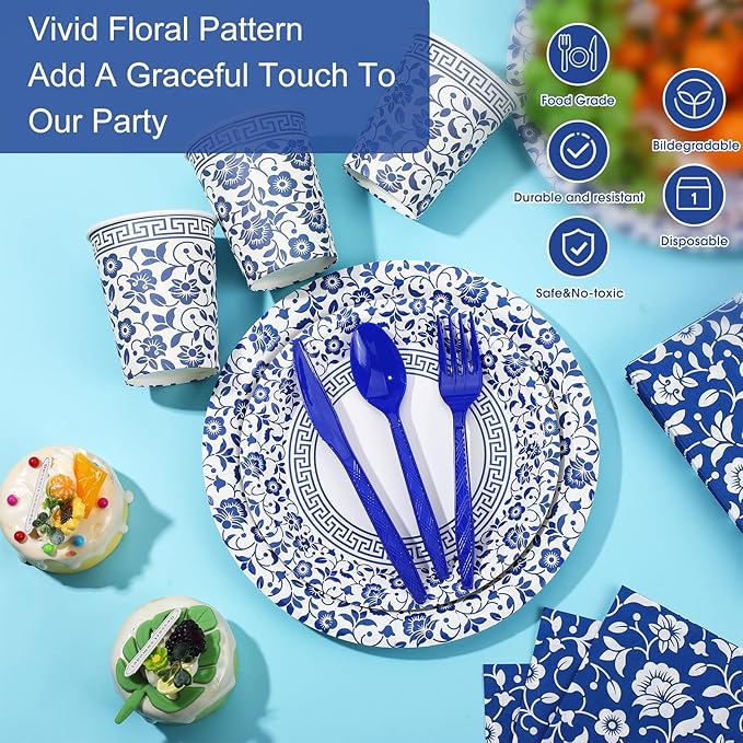 Hushee 225 Pcs Blue and White Flower Disposable Tableware Set for 25 Guests 9 Inch 7 Inch Elegant Floral Paper Plates Cups Straws Napkins Knives Forks Spoons for Bridal Shower Wedding Birthday Party