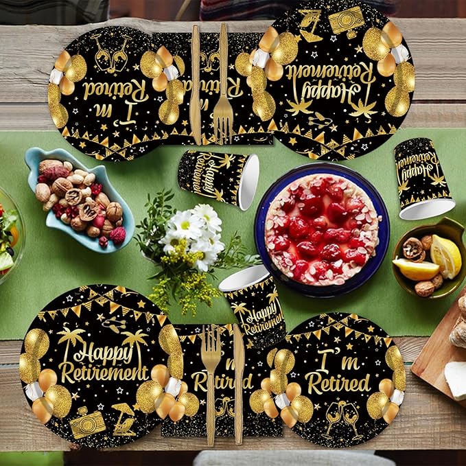 144PCS Happy Retirement Party Supplies Black Gold Retirement Tableware Set Retired Party Decorations Including Paper Plates Napkins Cups Forks Serve 24 for Men Women