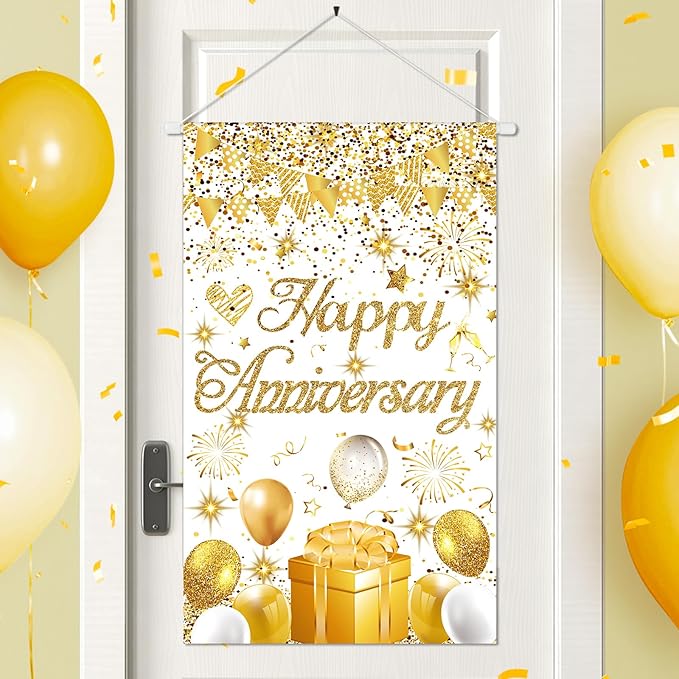 Anniversary Party Decorations White Gold Happy Anniversary Door Banner Sign Small Wedding Anniversaries Door Hanging Banner Porch Front Door Decor for Women Men Cruise Door Sign Supplies