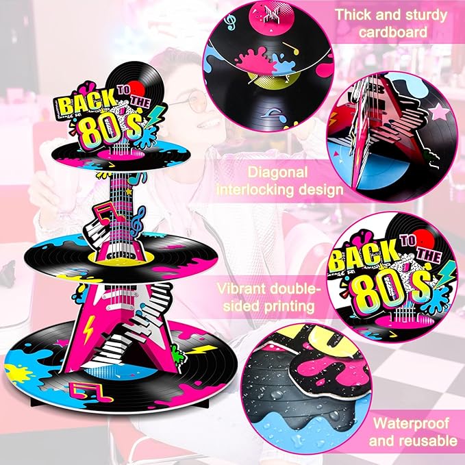 Ben Louis 3 Tier 80s Cupcake Stand Party Decorations Back to The 80's Theme Holder Retro 1980s Hip Hop Dessert Tower Birthday Cake for Neon Rock Hippie Supplies