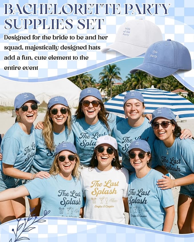 8 Pack Adjustable Bachelorette Hat, 1 Wife of The Party Cap and 7 The Party Cap for Bridesmaid Bride Wedding Gift