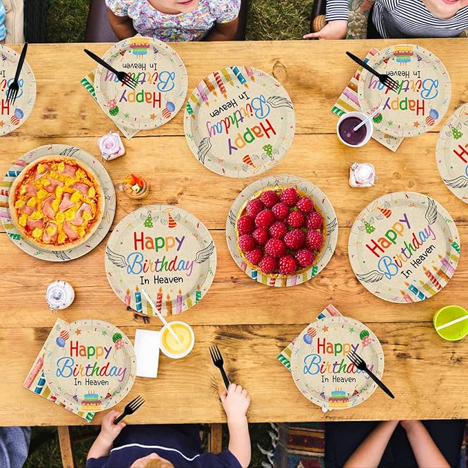 96 Pcs Happy Birthday in Heaven Party Supplies Colorful Happy Birthday Plates and Napkins Disposable Funeral Memorial Tableware Set for Sympathy Grave Cemetery Party Decorations Serves 24