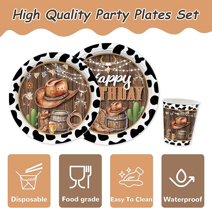 169PCS Cowboy Party Decorations for Boys Western Birthday Party Supplies Cowboy Wild West Themed Paper Plates and Napkins Cups with Forks Knives and Straws Tableware Set for 24 Guests