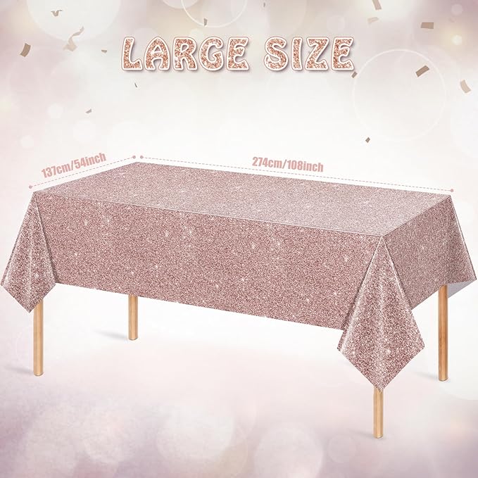 6 Pack Pink Rose Gold Birthday Tablecloth, Rose Gold Glitter Sequin Printed Plastic Table Cloth for Parties, Disposable Rectangle Pink Table Cover for Wedding Baby Shower Birthday Supplies, 54x108Inch