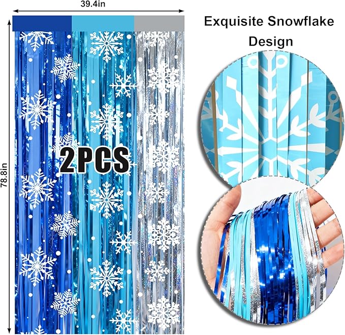 2 Packs Snowflake Foil Fringe Curtain, Blue Silver Ice Glitter Metallic Tinsel Backdrop for Princess Birthday Baby Shower Santa Claus Christmas Winter Wonderland Party Decoration Supplies