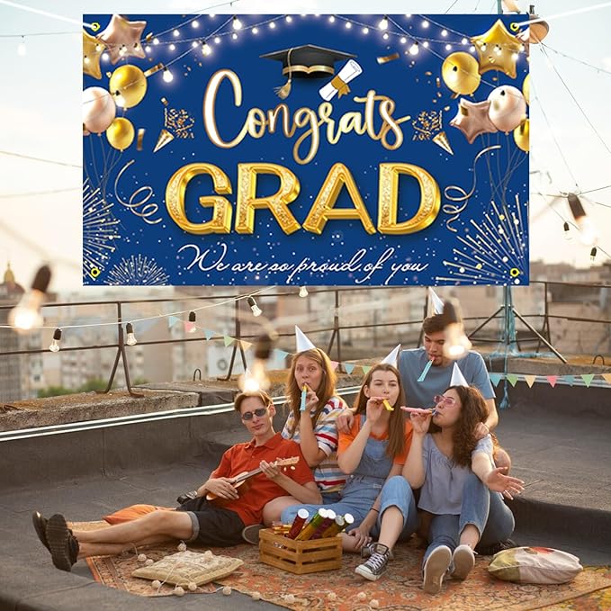 Large Banner and Backdrop for Party, Yard, Garden – Party Supplies for Indoor/Outdoor (Graduation Blue)