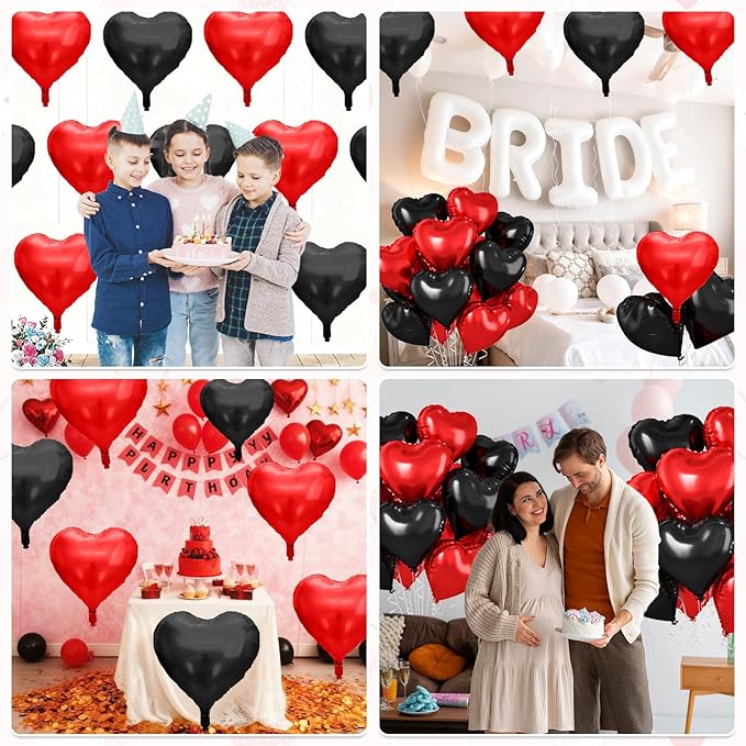 Red Black Heart Balloons, 10 Pcs Metallic Heart Shaped Balloon, 18 Inch Red and Black Foil Balloons Helium for Engagement Brithday Bridal Baby Shower Wedding Engagement Valentines Party Decorations