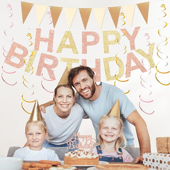 Birthday Decorations Pre-Strung Happy Birthday Banner for Women Girls Champagne Gold Birthday Banners with Pennant Honeycomb Balls Cake Topper Stars Hanging Swirl Streamers Circle Dots Garland