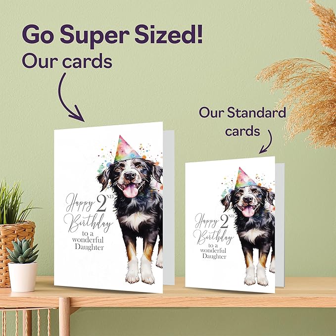 2nd Birthday Cards for Daughter - Party Dog - Happy Birthday Card for 2 Year Old Daughter from Dad Mum, 5x7 Inch Bday Girls Girl Kids Greeting Cards Gift for Daughter Birthday Gifts