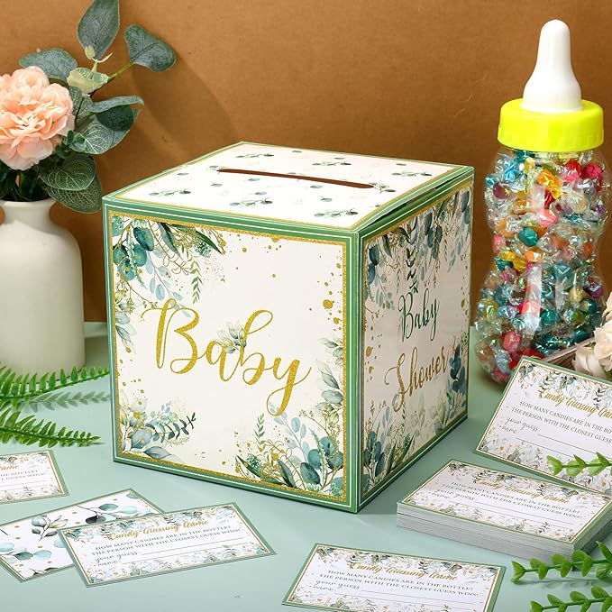 Glenmal 52 Pcs Baby Shower Games Gift Sets Large Baby Bottle for Shower Game Guess How Many Candies Decorations for Gender Reveal(Leaf)