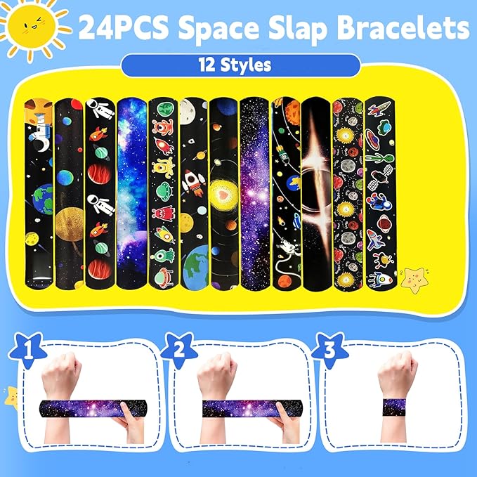 74PCS Space Slap Bracelets&Stickers Outer Space Theme 24PCS Slap Bracelets 50PCS Stickers Party Favors Basket Bag Filler School Prizes Gifts Party Favors Bulk