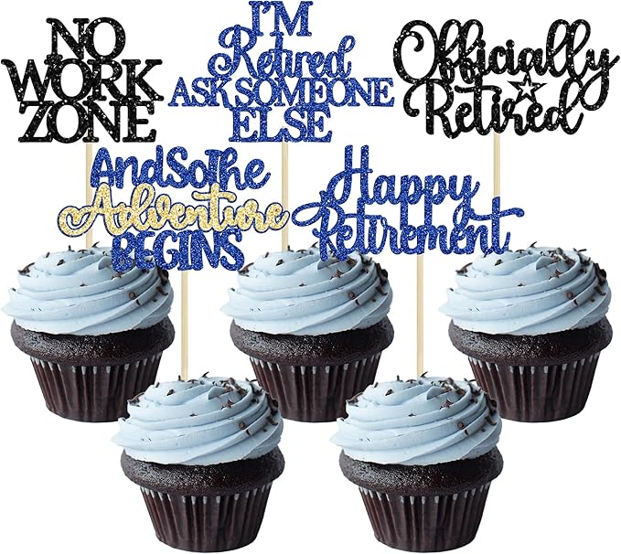 Gyufise 30Pcs Happy Retirement Cupcake Toppers Officially Retired Cake Toppers No Work Zone Adventure Begins Cupcake Picks for Retirement Theme Farewell Birthday Party Decorations Supplies Blue Black