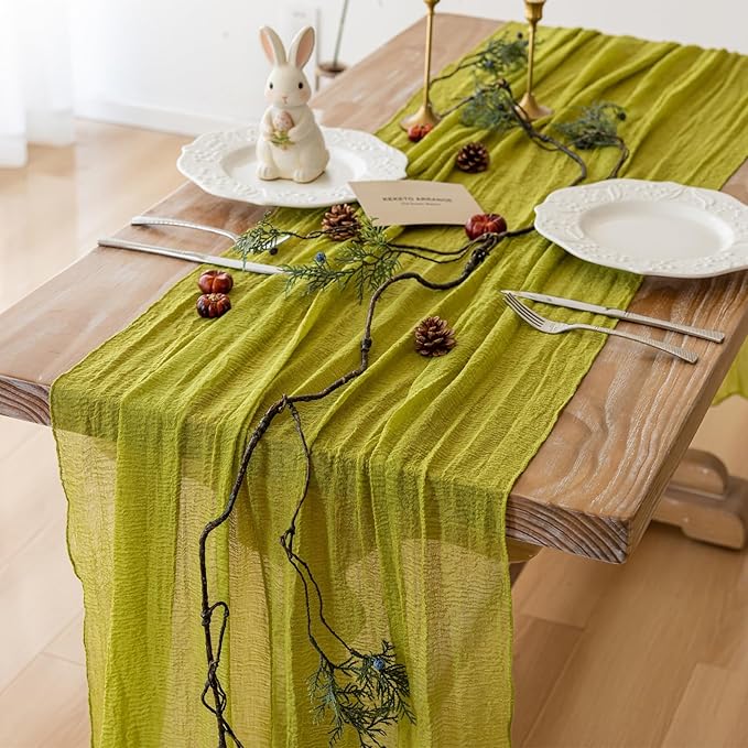 Keketoarrange Moss Green Cheesecloth Easter Spring Table Runner Gauze 120 Inch 10 FT Rustic Boho Cheese Cloth Runner for Wedding Baby Shower Bridal Shower Long Sheer St Patricks Day Home Decorations