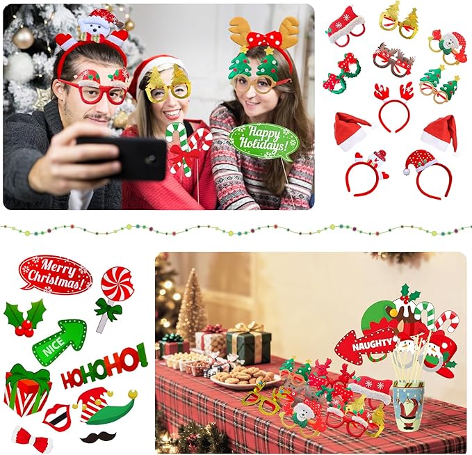 52 Pcs Christmas Photo Booth Props Kit, 20Pcs Glitter Eyeglasses Frame Hats Hairhoop and 32Pcs DIY Selfie Pose Signs for Xmas Party Decoration, Funny Christmas Holiday Party Favor Supplies for Adults