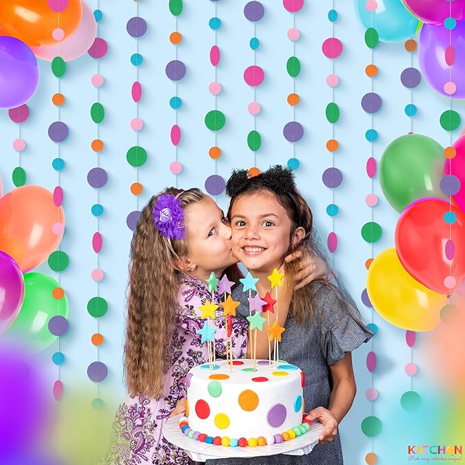 KatchOn, Circle Dots Paper Garland - 65 Feet, Pack of 5 | Colorful Rainbow Garland for Rainbow Birthday Decorations | Multicolor Hanging Decorations for Classroom Decor, Baby Shower, Unicor Birthday