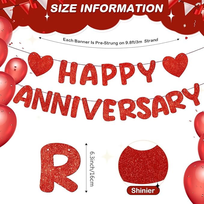 Fulmoon Happy Anniversary Banner Glitter Happy Anniversary Decorations Wedding Party Banner Romantic Decorations No DIY Pre-strung for Wedding Party Birthday Door(Red)