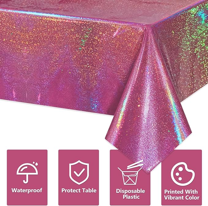 4Pcs Holographic Tablecloths Rectangular Iridescent Tablecloth Shimmer Metallic Table Covers for Girls Princess Wedding Graduation Birthday Party Decorations, 54 x 108Inch (Hot Pink)