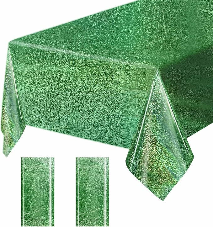 2 Pack Green Iridescent Plastic Tablecloth Disposable 54 × 108 Inch Glitter Holographic Foil Table Cloth Plastic Laser Rectangle Table Cover for Birthday Wedding Disco Party