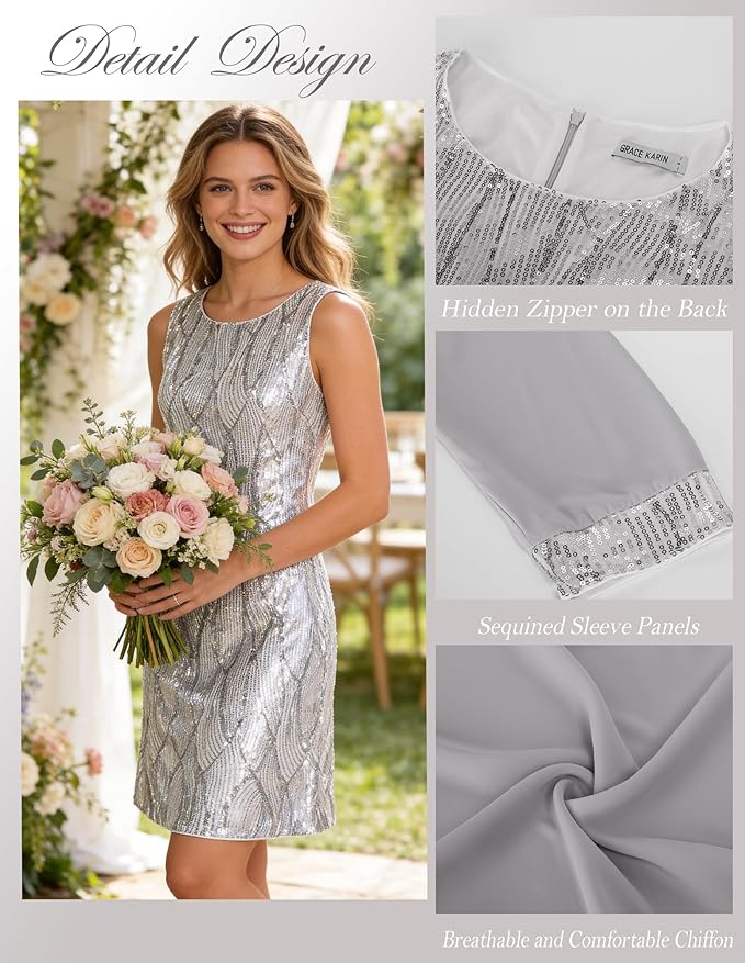 GRACE KARIN Women's Sequin Dress - Wedding Guest & Mother of The Bride Formal Dress - Two Piece Knee Length