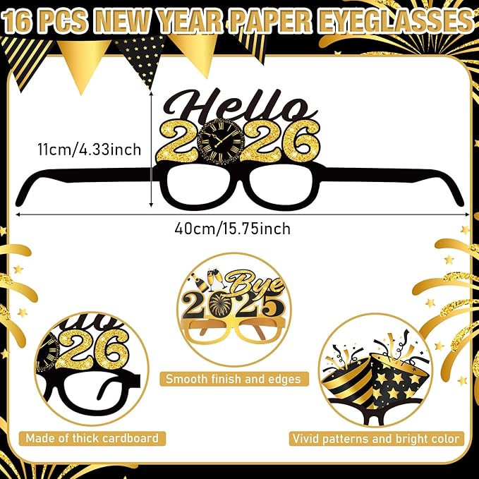 Pajean 32 Pcs New Year Eve Party Supplies 2026 Include 16 Paper Eyeglasses and 16 Paper Headbands Happy New Year Photo Booth Props for Black Gold 2026 Eve Party Decoration Favors Accessories