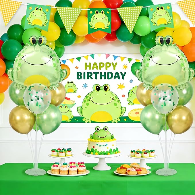 Frog Balloons Centerpieces for Tables 2 Sets, Green Frog Balloons Stands for Table, Frog Birthday Party Decorations with Frog Head Aluminum Foil Balloons for Frog Birthday Decorations