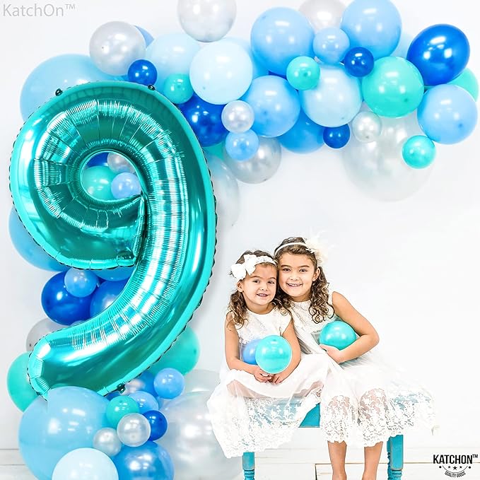 KatchOn, Giant Aqua Blue Number 9 Balloon - 40 Inch | Foil 9 Birthday Balloon for 9th Birthday Decorations | 9th Anniversary Decoration | Ocean Party Decoration