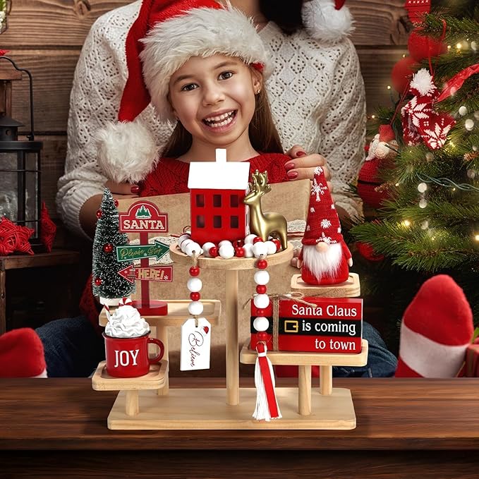 Christmas Decorations 8 PCS Tiered Tray Decor Set, Cute Tabletop Christmas Decor for Home Shelf Mantel Fireplace Office Desk Coffee Bar Xmas Table Centerpieces Tray Objects Holiday Decoration Set