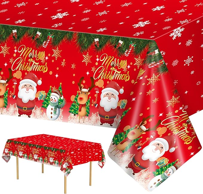 3 Pcs Merry Christmas Tablecloth - Winter Christmas Table Cloth, Disposable Plastic Rectangle Red Xmas Holiday Table Cover for Christma Decorations Party Supplies Tables Decor Favors, 108x54Inch