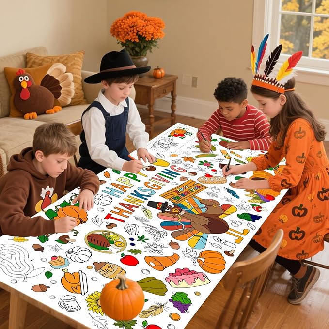 Thanksgiving Giant Coloring Poster,72 x 30 Inches Large Fall Thanksgiving Tablecloth/Banner for Kids DIY Coloring Tablecovers Gifts Turkey Pumpkin Fruits autumn School Classroom Home Party Supplies